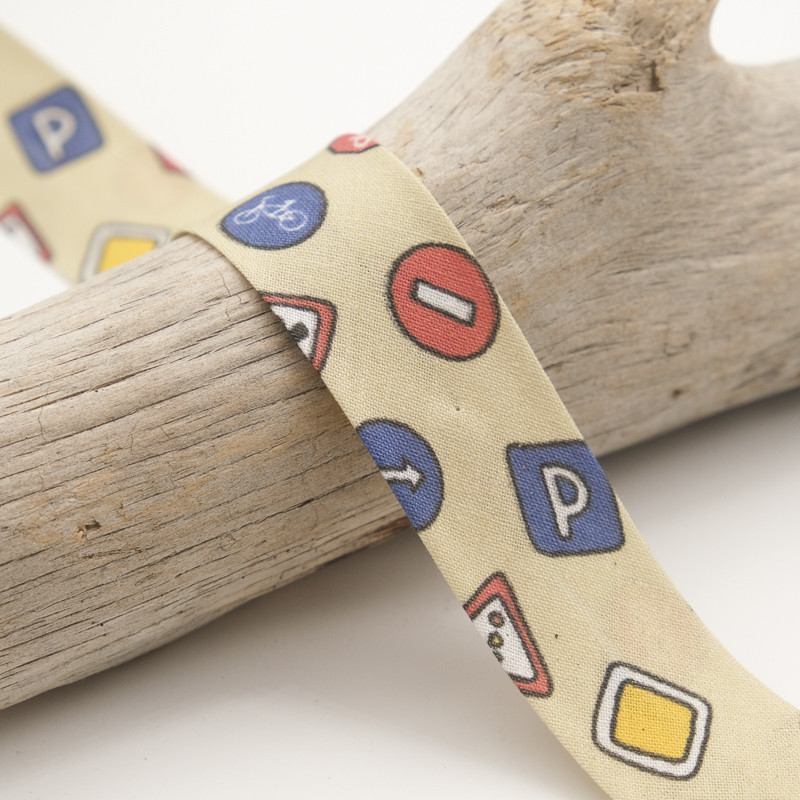 25mm Printed Bias Tape in Beige with Traffic Print - Maison Klem